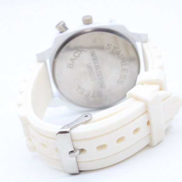 American Exchange Chronograph Watch White Tone Stainless Steel White Rubber Band - Picture 7 of 8